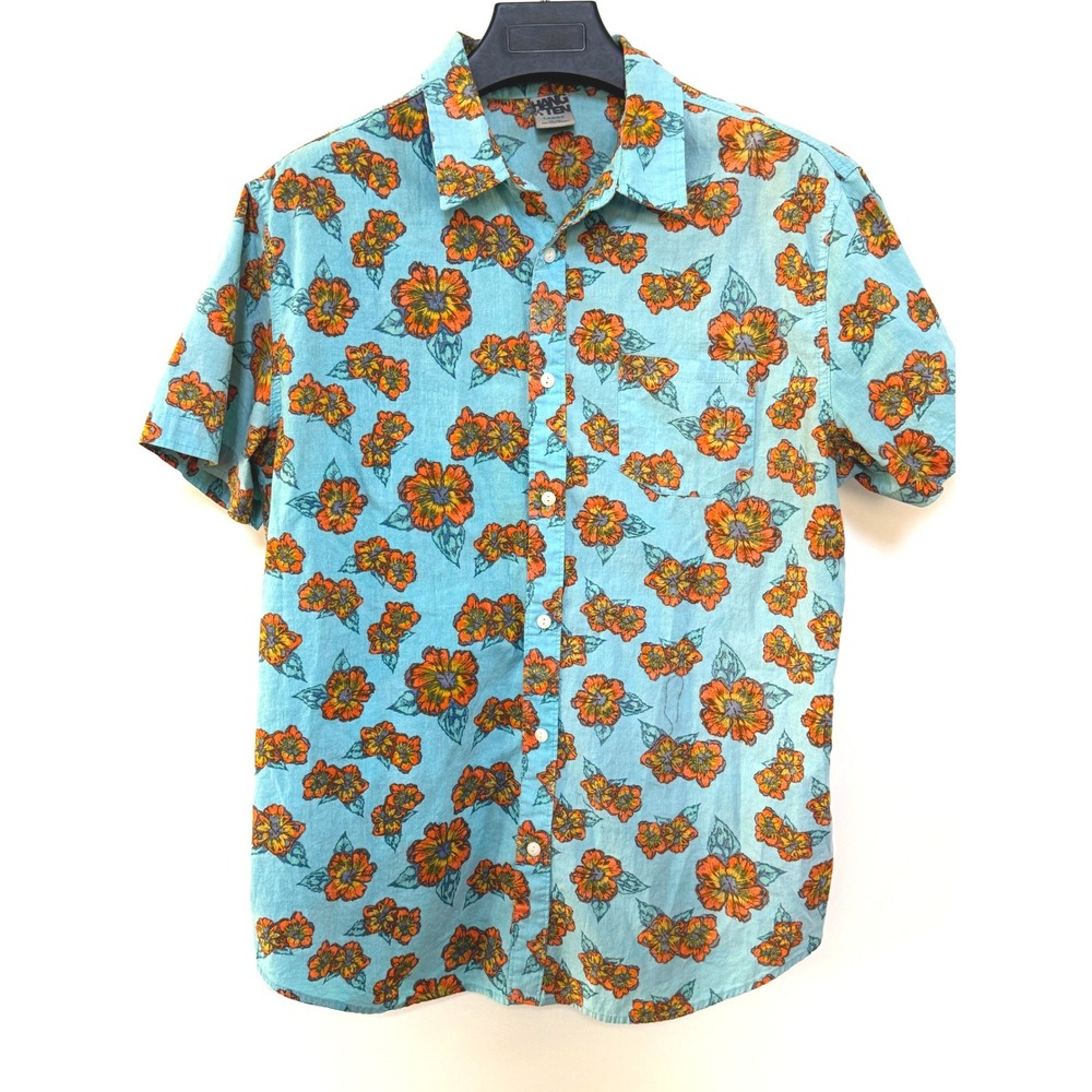 Hang Ten Mens Large Floral Shirt Blue Orange 100% Cotton Hawaiian Surf Button Up